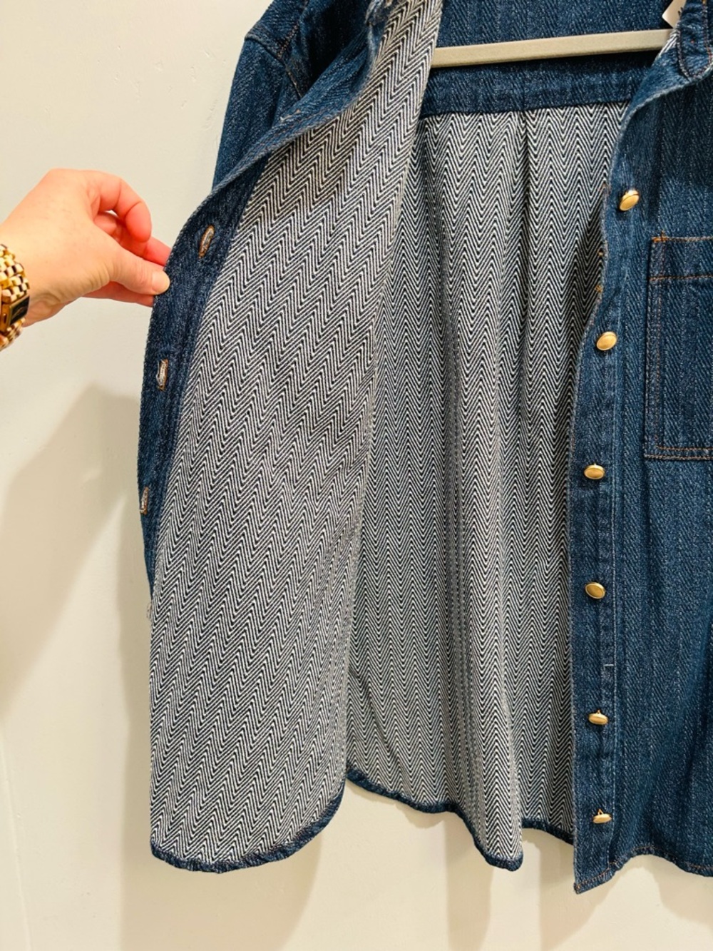 Bagatelle Denim Herringbone Shacket Jacket Blue Textured Gold Button Cotton L - Picture 7 of 12